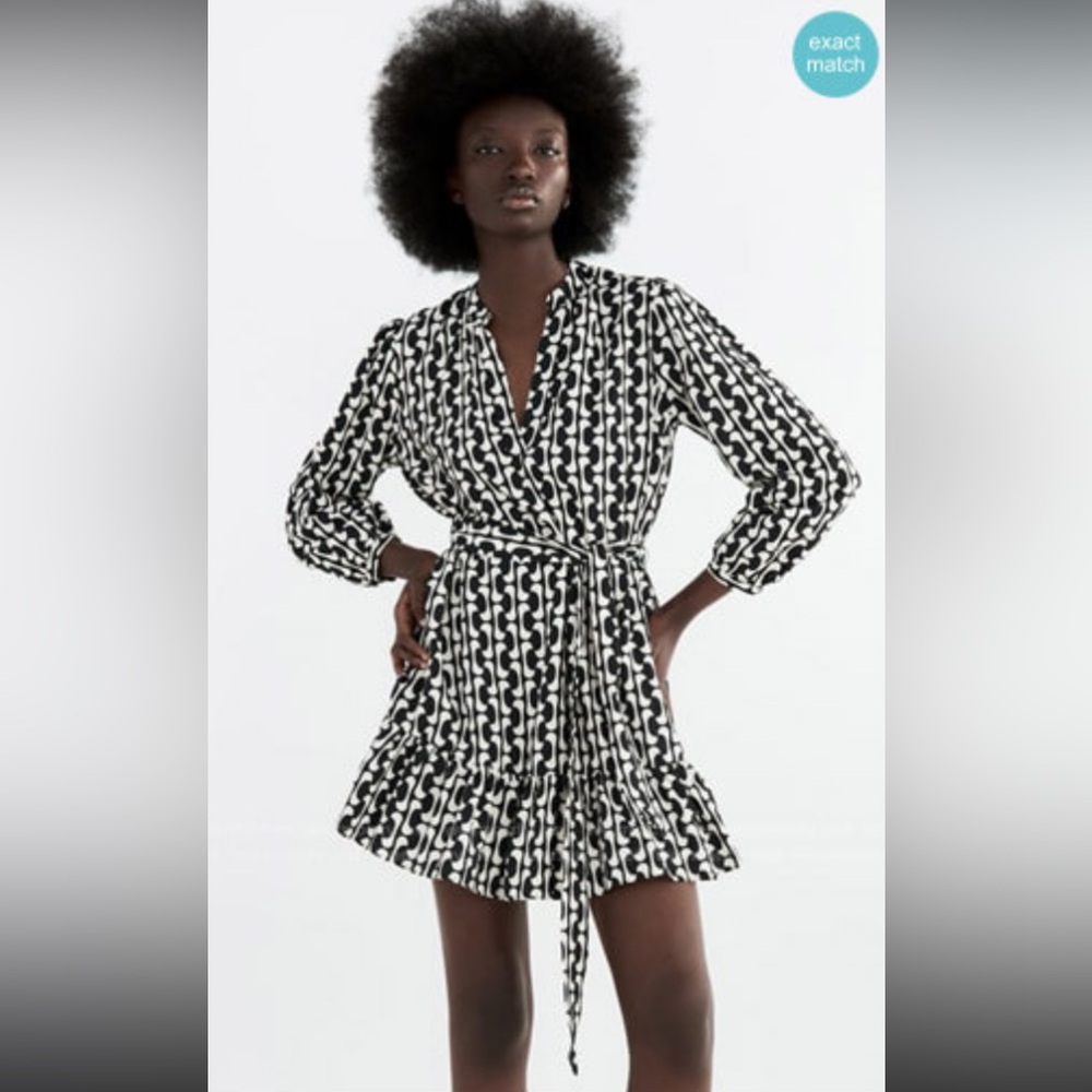 Zara Black/White Print Long-Sleeve Tie Dress